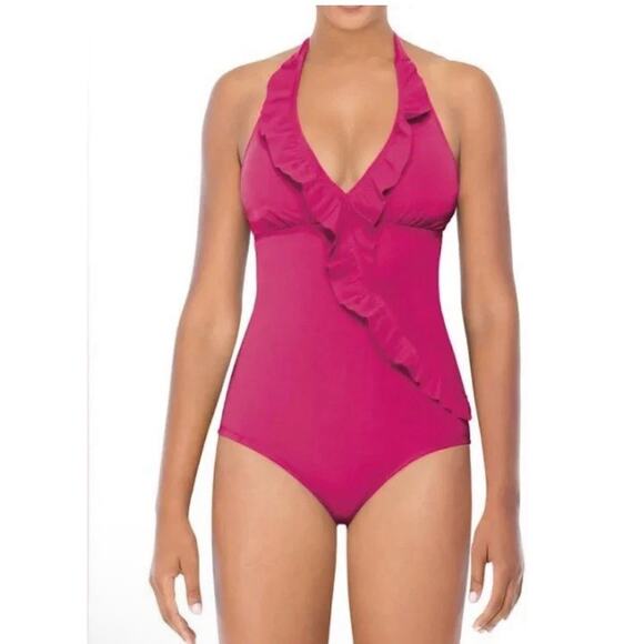 Spanx Assets By Sara Blakely Swimsuit L Bright Pink One Piece Ruffled Halter - Picture 1 of 10